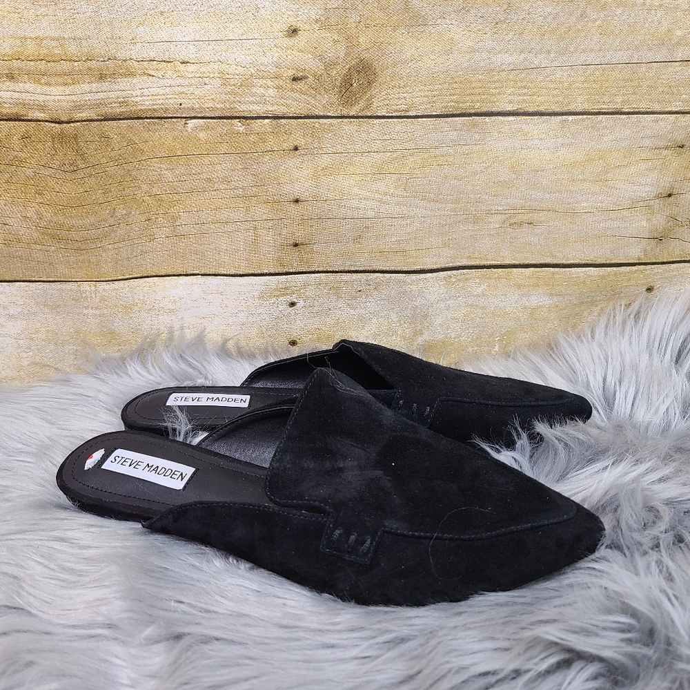Steve Madden Black Suede Mules Slides Flats Slip